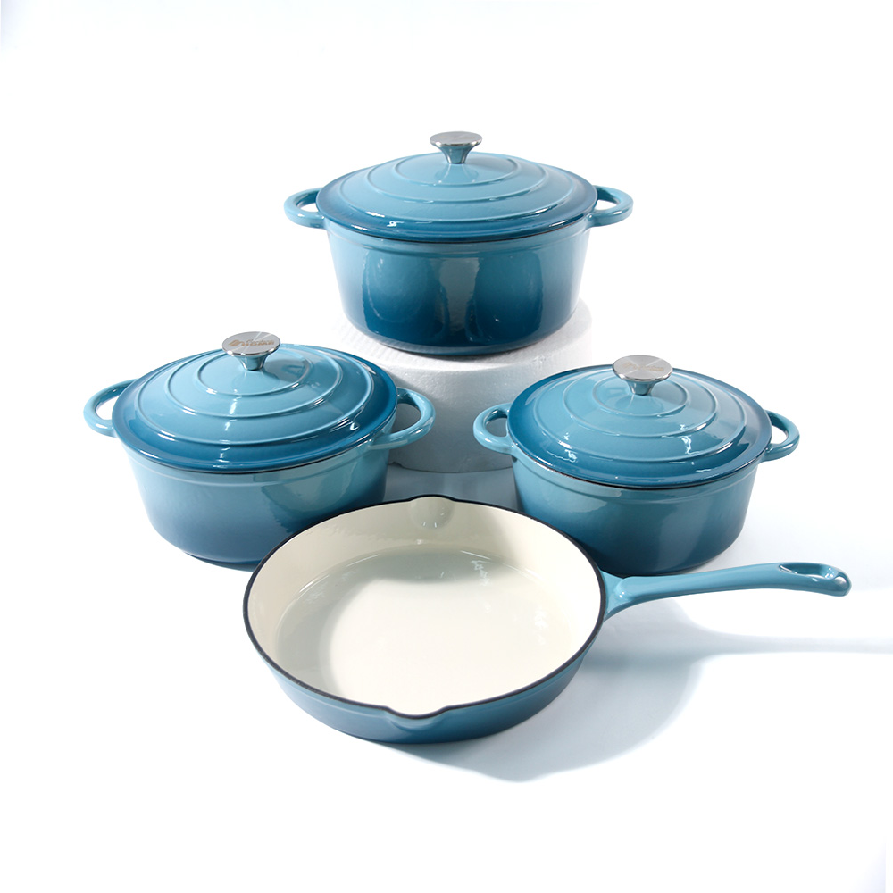 Modern Enameled Cast Iron 7-Piece Cookware Set With Dutch Oven Skillet 3 Lids-Non-Stick Ceramic Coated Durable