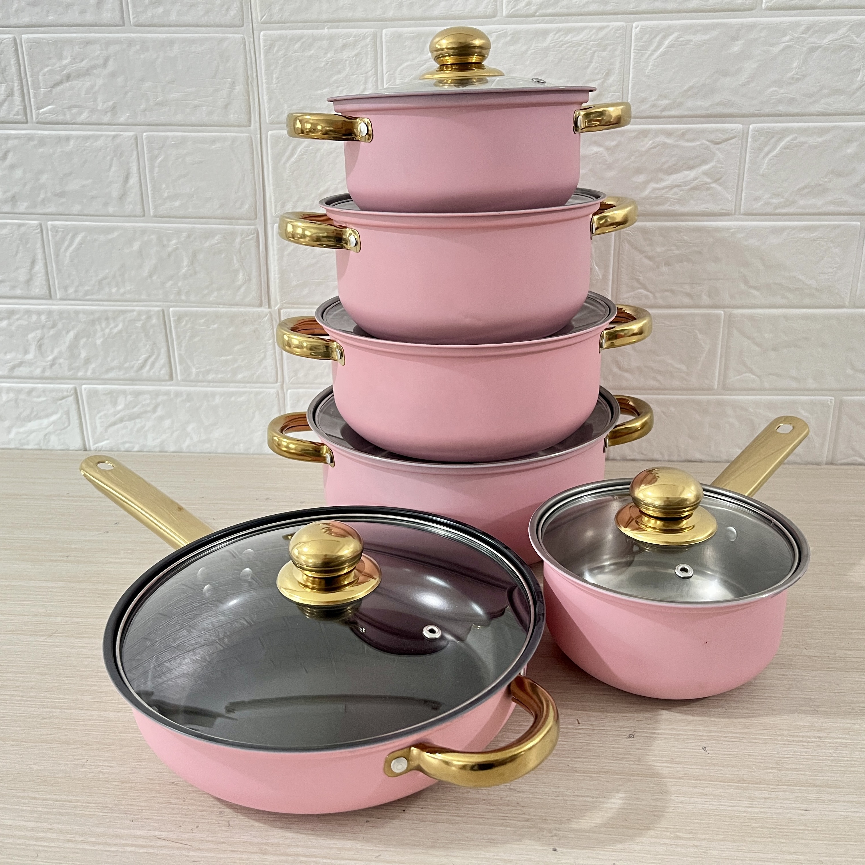 12-Piece Stainless Steel Nonstick Cookware Set Golden Handled Cooking Pot and Milk Pot for Kitchen Use