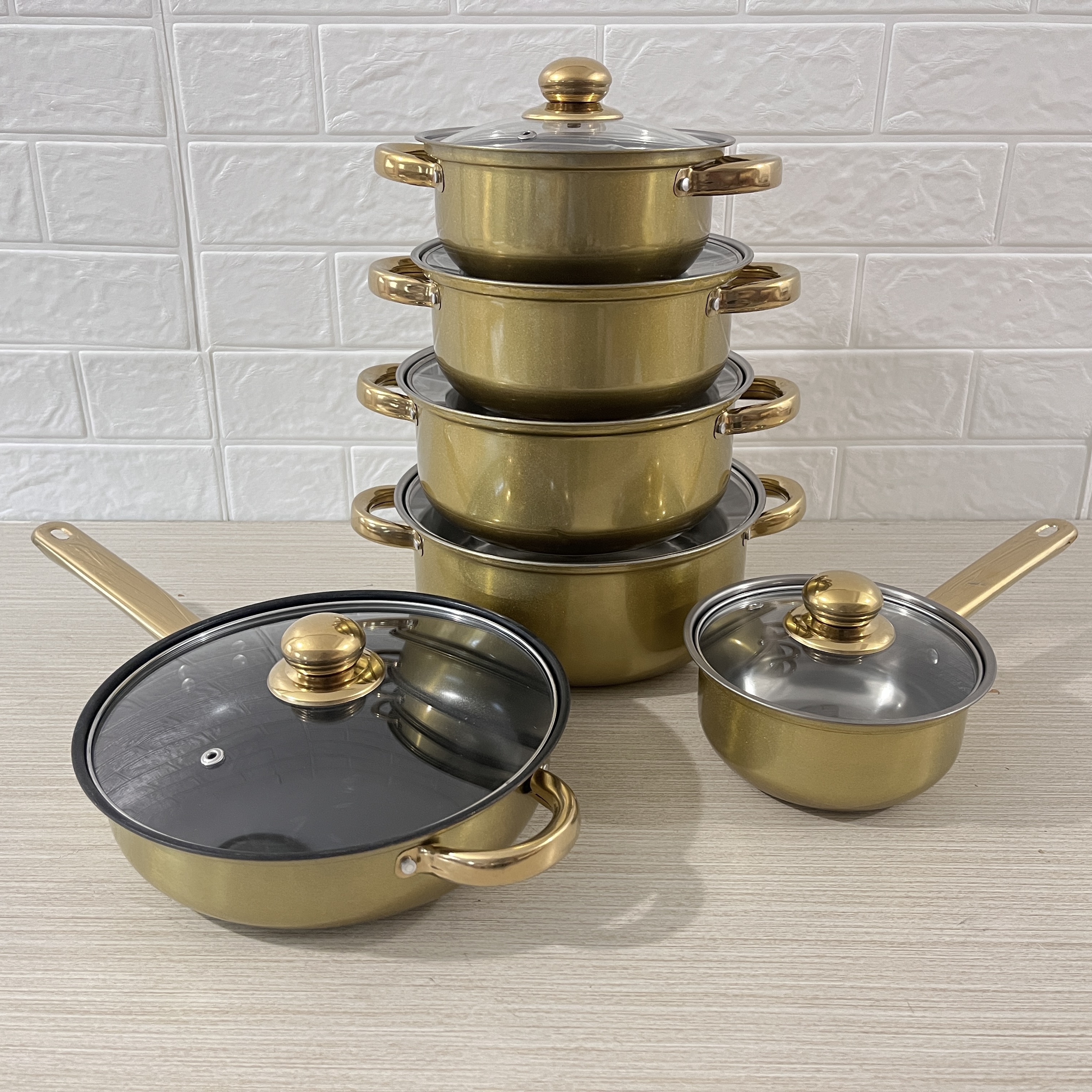 12-Piece Stainless Steel Nonstick Cookware Set Golden Handled Cooking Pot and Milk Pot for Kitchen Use