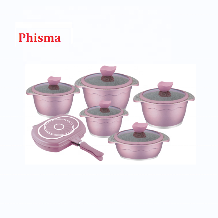 High Quality 12 Pieces Granite Cooking Stackable Non-stick Cast Aluminum Cookware Sets with Silicone Lid