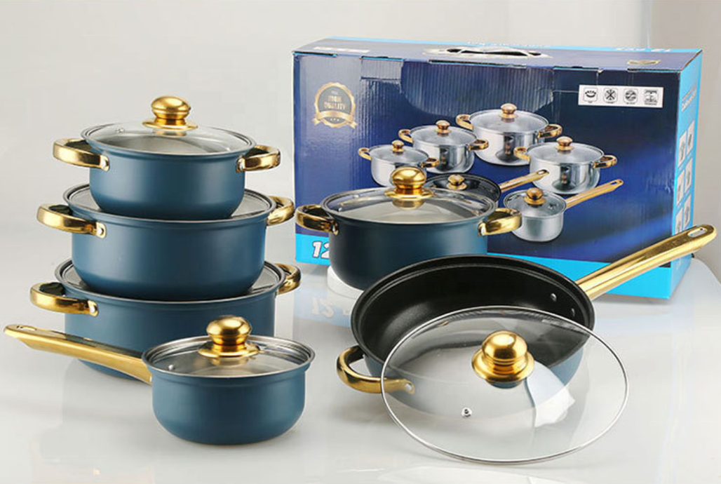 12-Piece Stainless Steel Nonstick Cookware Set Golden Handled Cooking Pot and Milk Pot for Kitchen Use