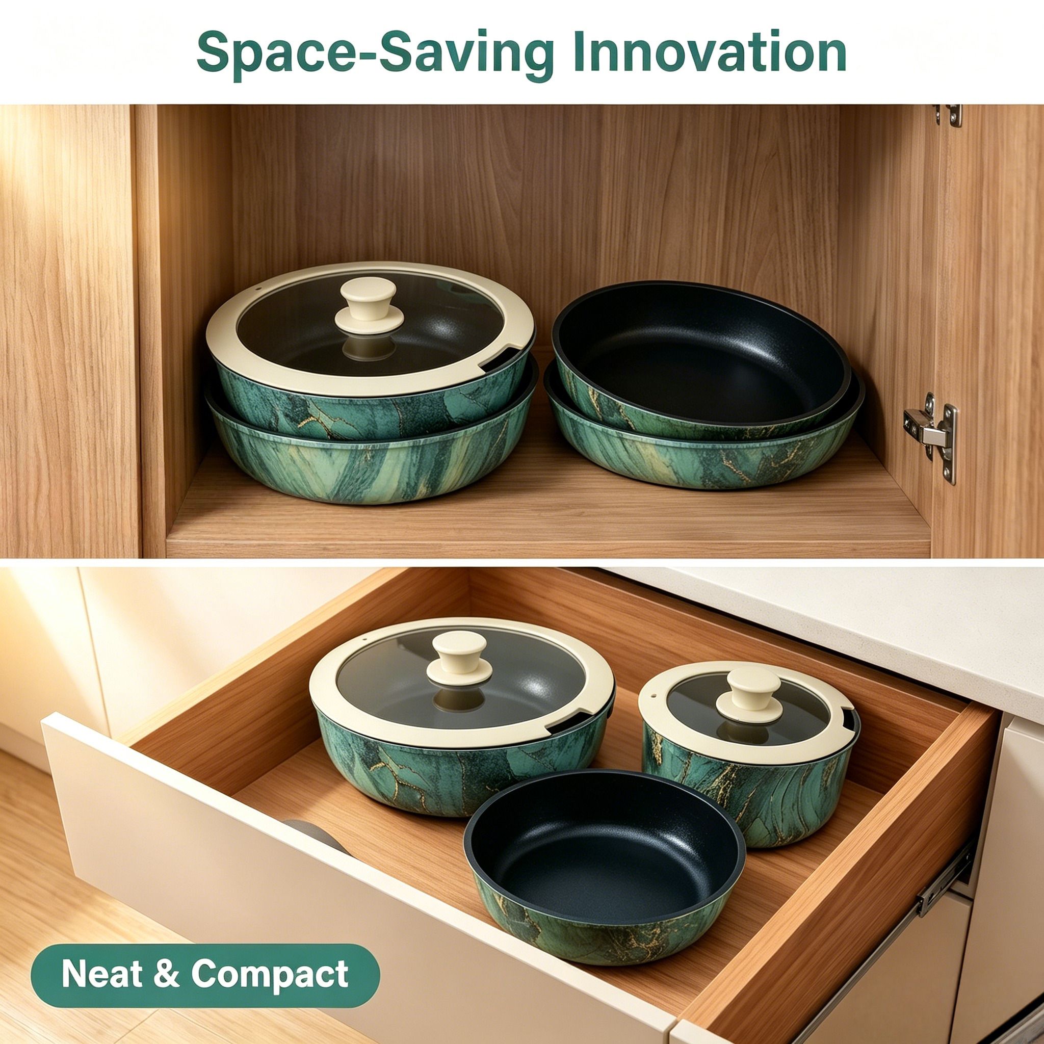Professional 6Pcs Non-stick Malachite Green Removable Handle Induction Kitchen Custom Logo Carbon Steel Cookware Set