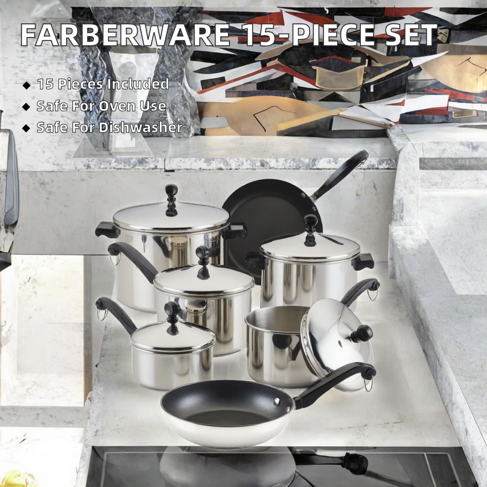 Farberware Classic Stainless Steel Cookware Pots Pans Set 15-Piece 50049 Silver Oven &amp; Dishwasher Safe with Lid Plastic Handles