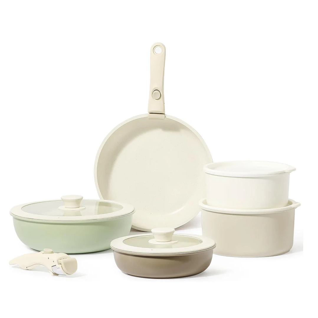 Modern Kitchenware Set 4 Metal Cookware Steamer Plate Non-stick Frying Pan Oven-safe Glass Cover Composite Detachable Handle
