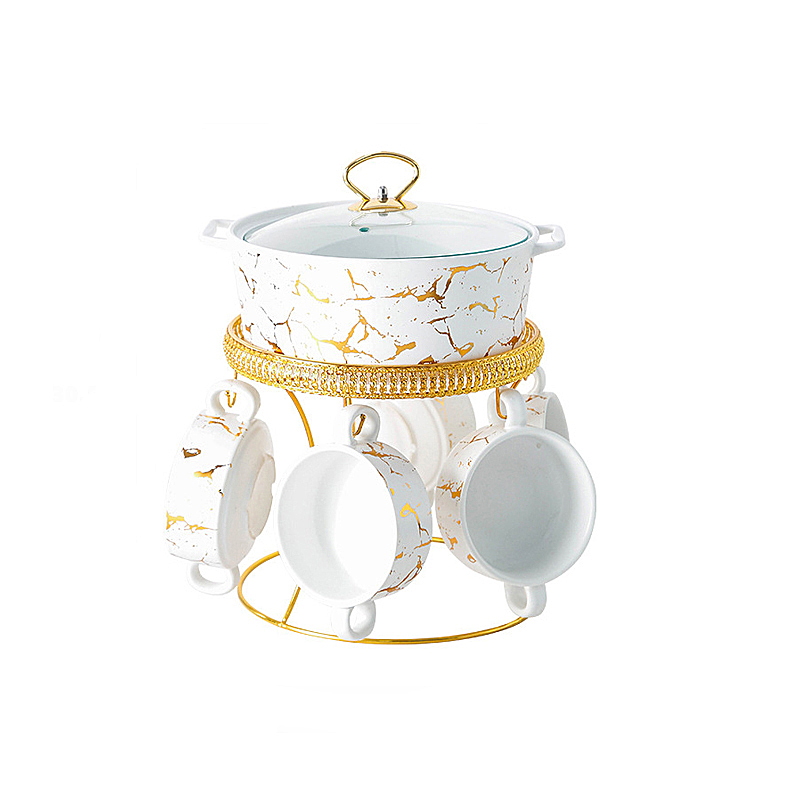 Black White and Marble Gold Soup Stock Pots with Small Bowls Service for 6 Dinnerware Set Stew Cookware Tureens with Lid