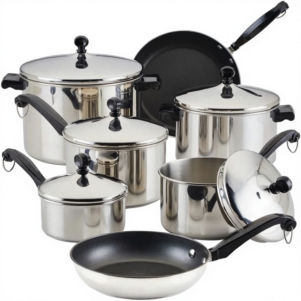 Farberware Classic Stainless Steel Cookware Pots Pans Set 15-Piece 50049 Silver Oven &amp; Dishwasher Safe with Lid Plastic Handles