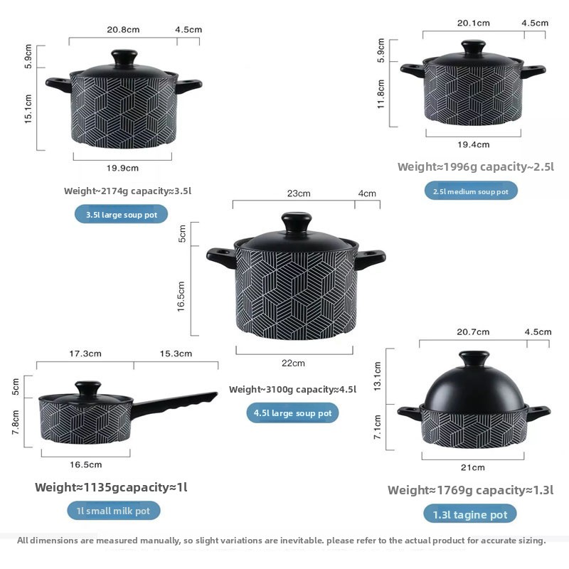 Black &amp; White Geometric Pattern Ceramic Cooking Pot Set, Lidded Stockpot &amp; Saucepan, Household Non-Stick Enamel Pot