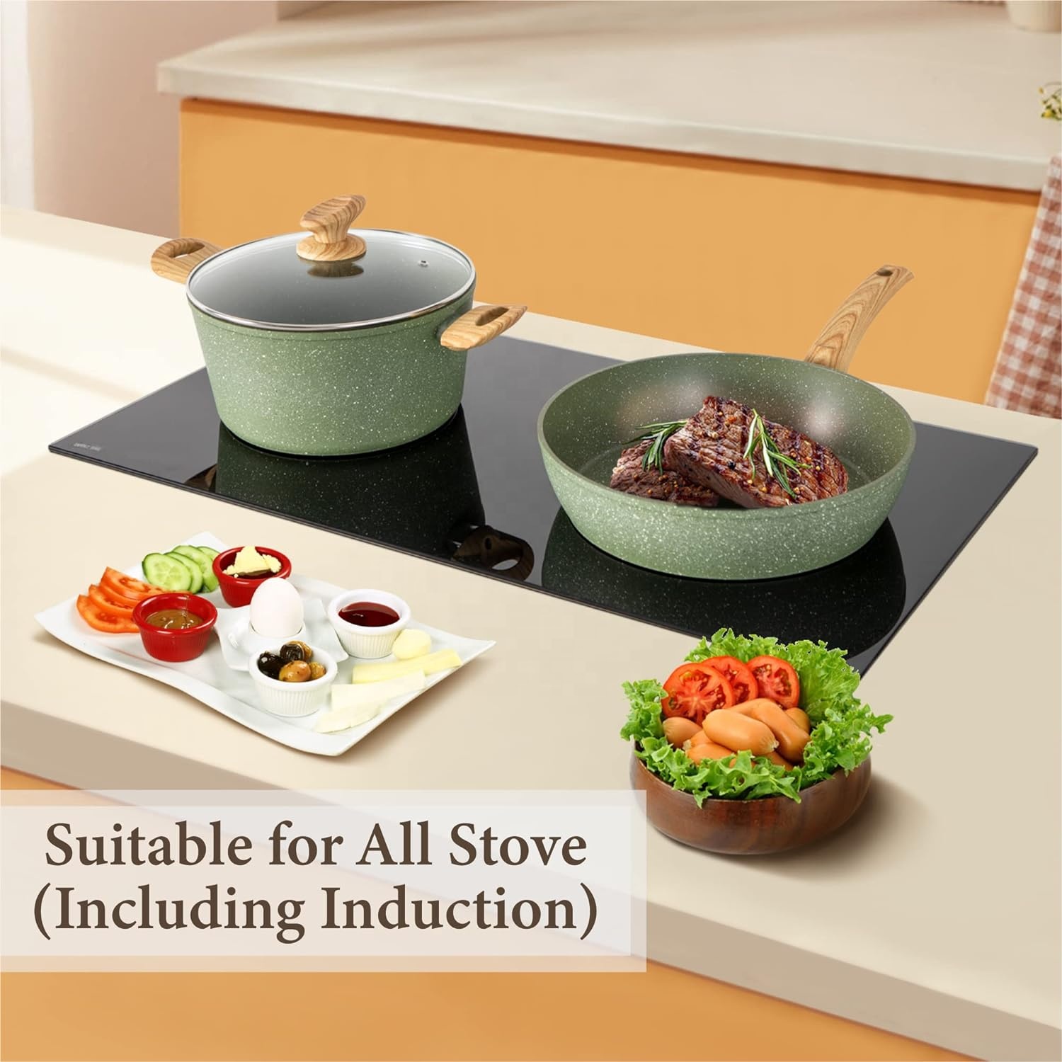 Green 12pcs Multifunctional Cooking Pan Set Forged Milk Pan Casserole Kitchenware Cookware Set With Bakelite Handle Cooking Set