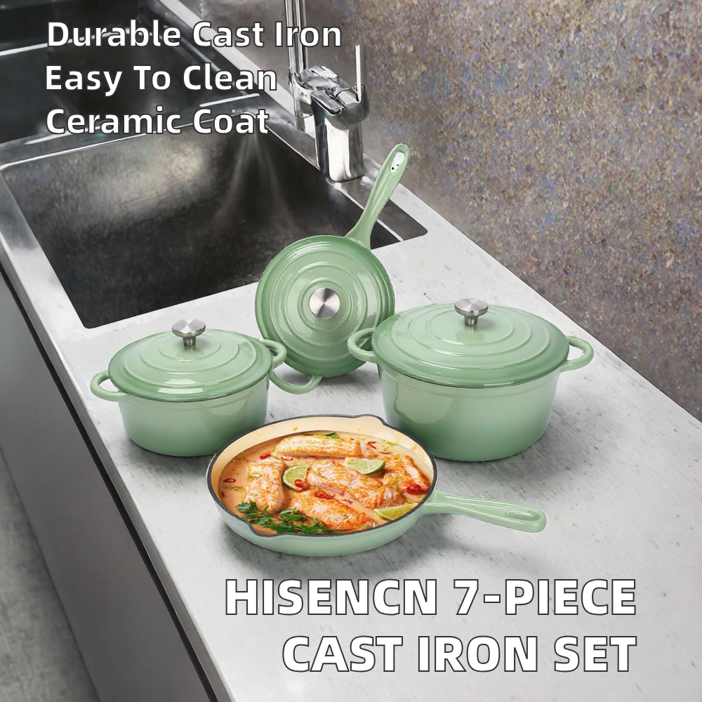Modern Enameled Cast Iron 7-Piece Cookware Set With Dutch Oven Skillet 3 Lids-Non-Stick Ceramic Coated Durable