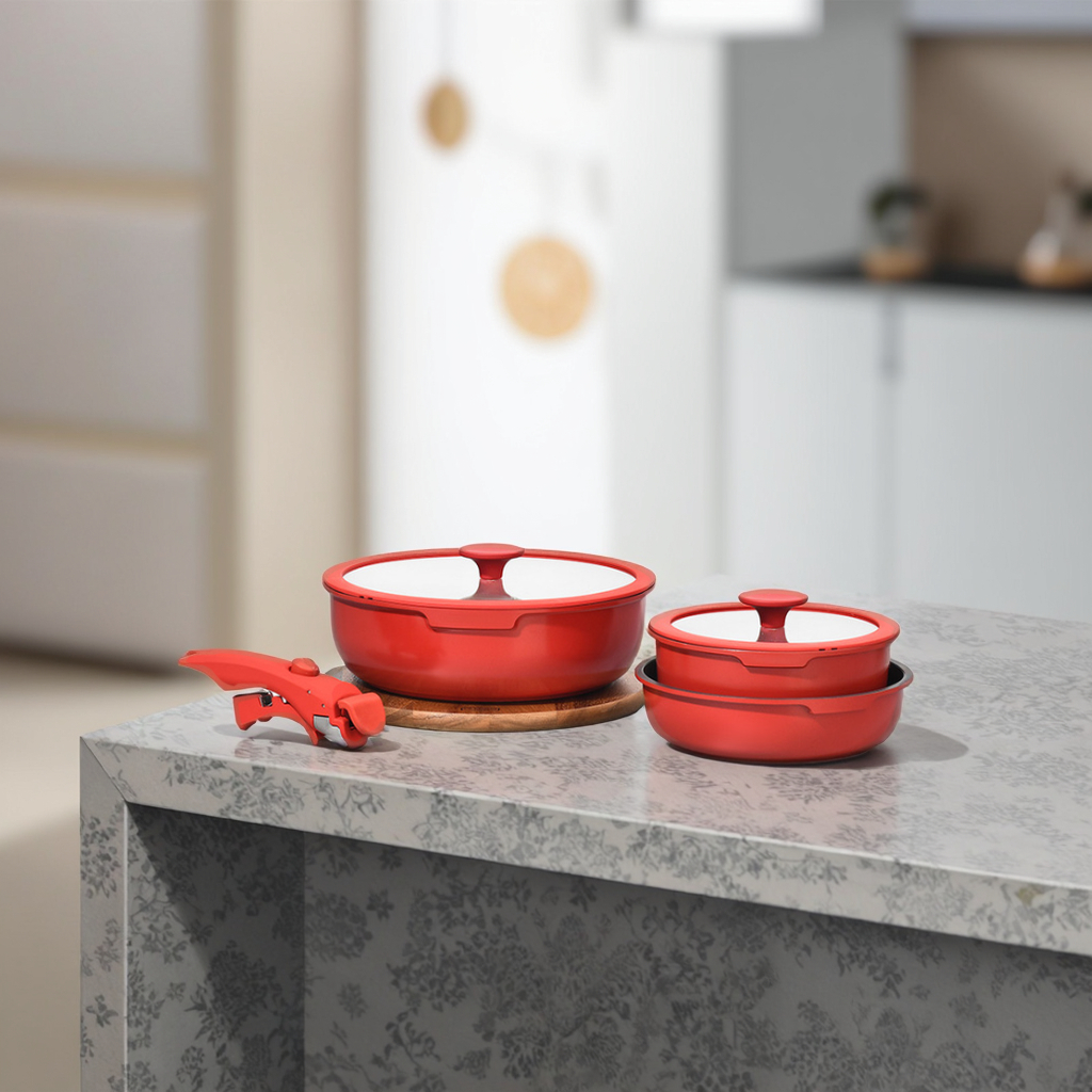 6-Piece Classic Red Granite Non-Stick Aluminum Cookware Set Eco-Friendly Glass/Silicone Lids Removable Handle Stackable