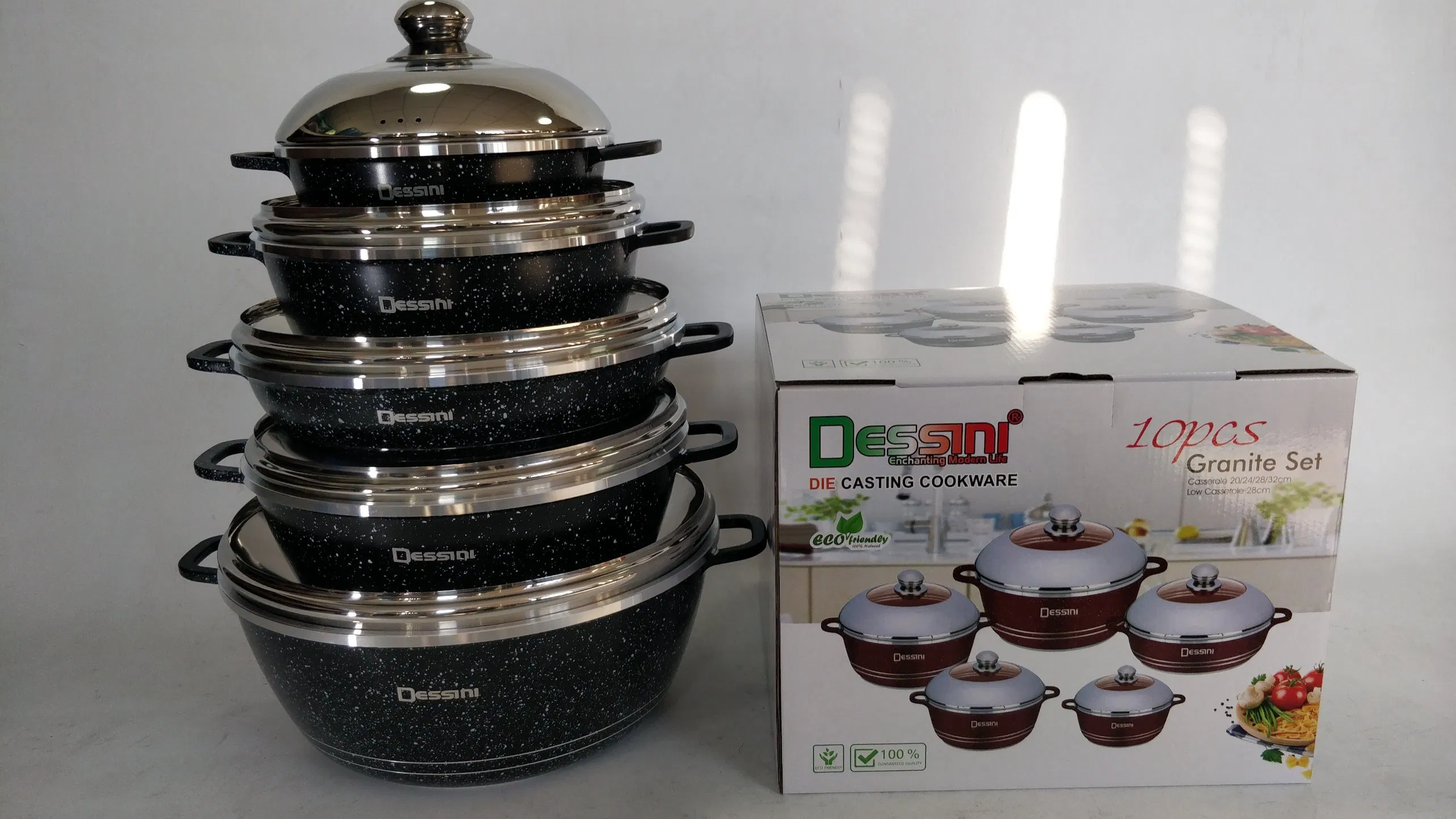 Hot Selling Die Cast Aluminum Non Stick Dessini 10 PCS Cookware Sets with 2 in 1 S/S Covers