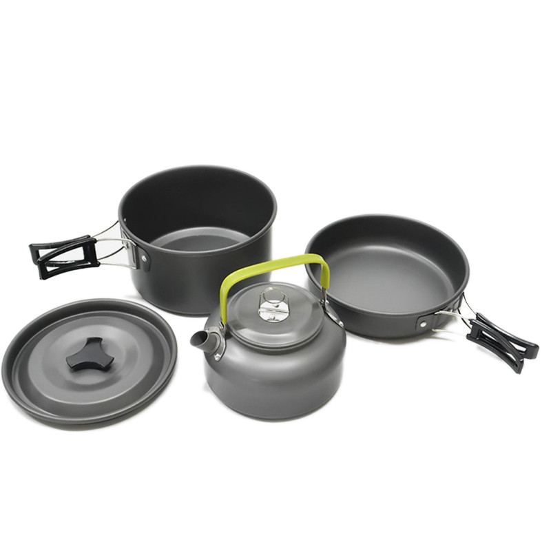 2~3 Person Camping Cookware Mess Kit With Kettle Non Stick Pot Outdoor Cookware Non-Stick Lightweight Pots Set for Camping