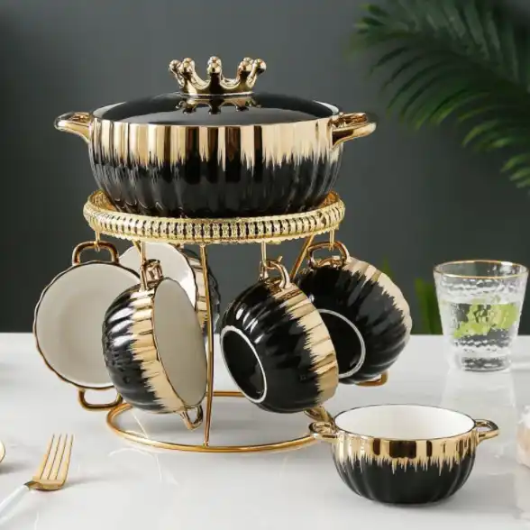 SS51 4 Color Nordic Ceramic Soup &amp; Stock Pots Luxury Soup Tureen Porcelain Soup Set With Stand