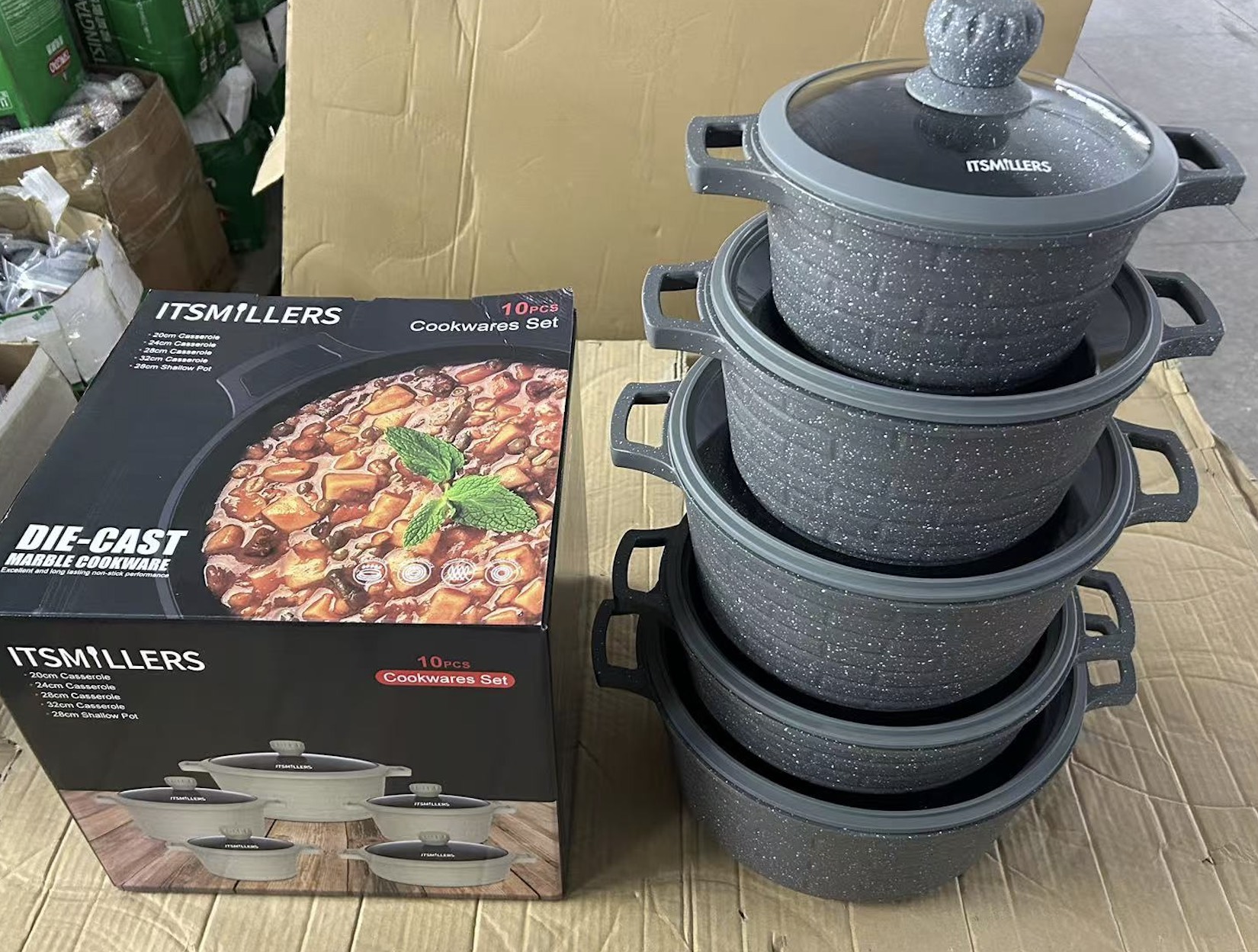 10 Piece Set Full Die Cast Pots and Pans Non Stick Granite Coating Brick Design Casserole Shallow Pot Professional Chef