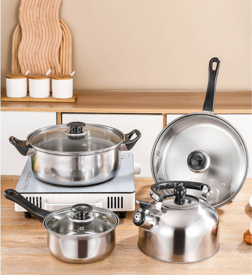 New Multi-Function 12-Piece Eco-Friendly Non-Stick Stainless Steel Cookware Set Glass Cover Includes Kettle Soup Pot Pans Pots