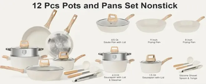 12-Piece Nonstick Cookware Set Healthy Pots and Pans Set, Non-Toxic Kitchen Cooking Set with Silicone Utensil Tools