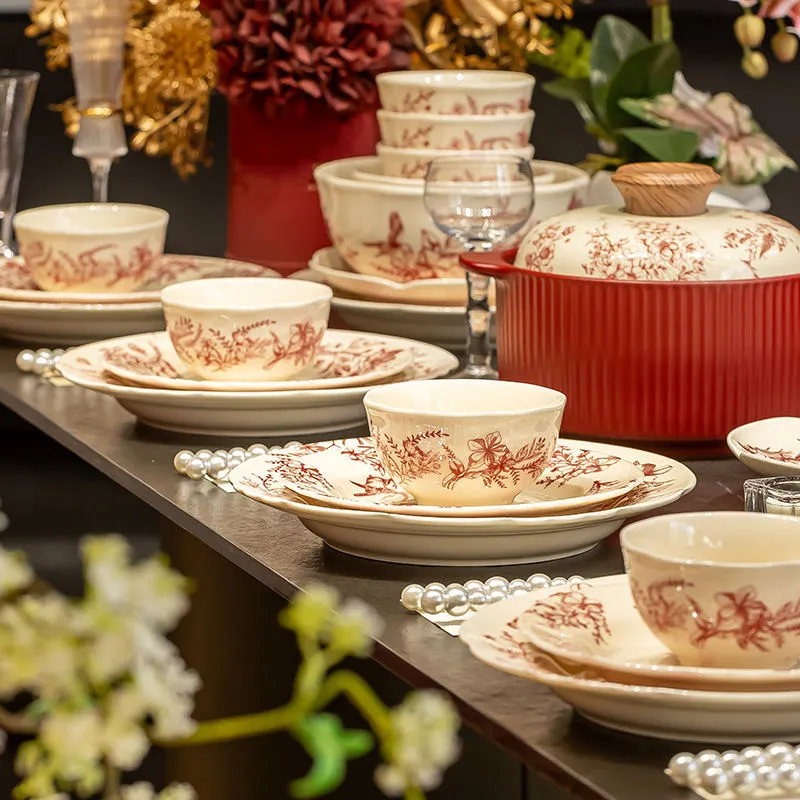 Wedding Ceramic Plate Set in Red, Including 10-Inch Flat Soup Bowl and Casserole Dish, with Soup Spoon - Complete Red Ceramic Set