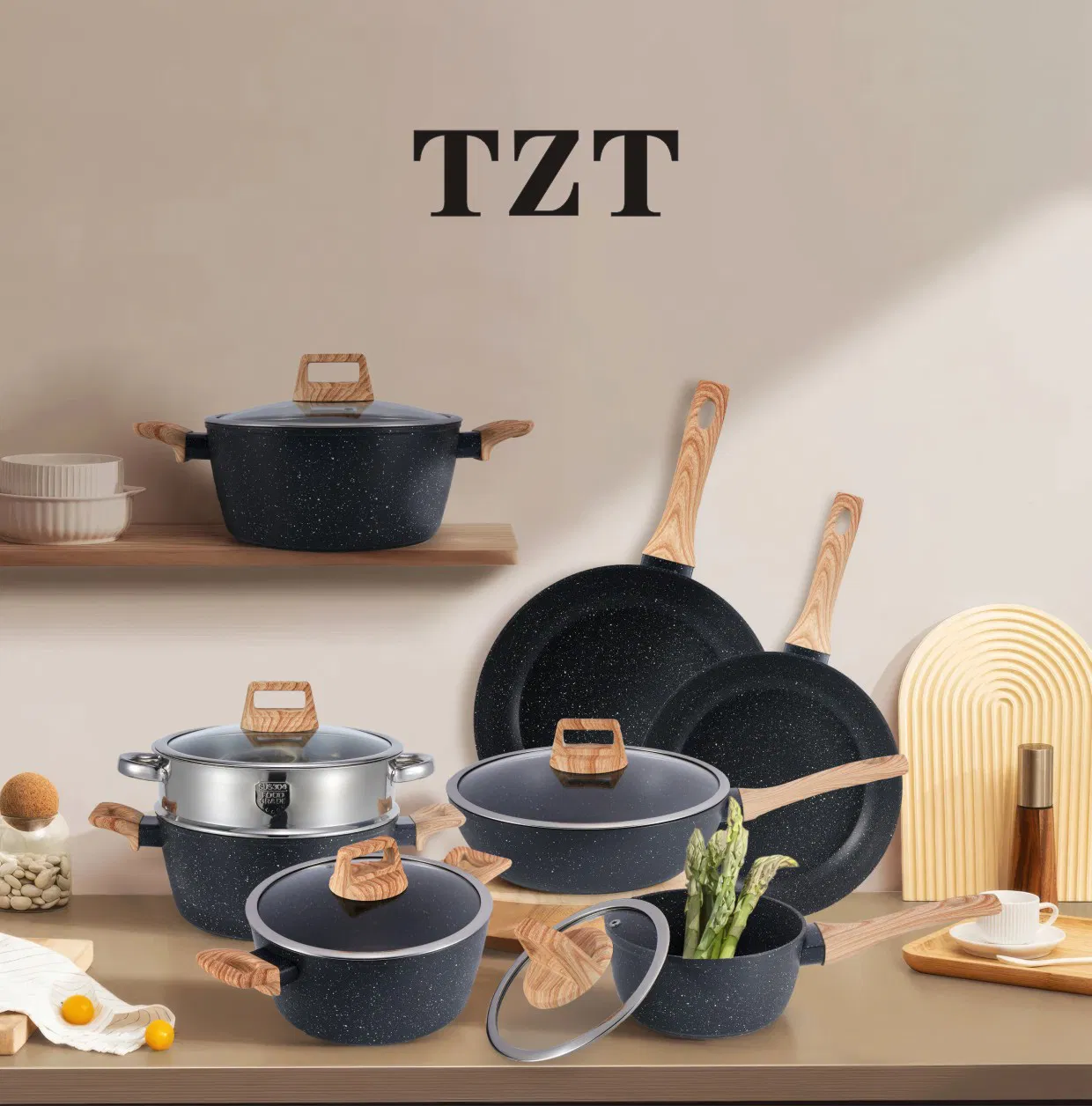 12PCS Granite Black Marble Nonstick Aluminum Pans and Pots Cookware Set