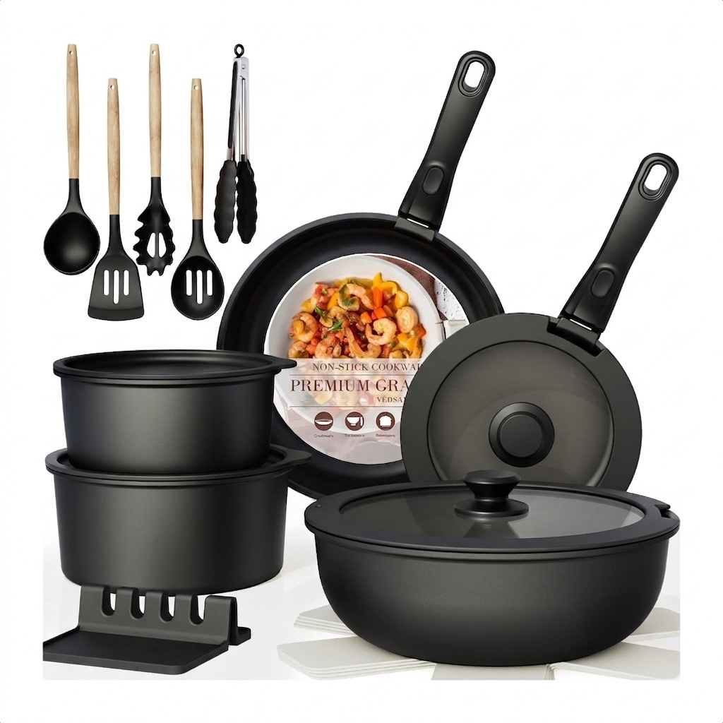 23-piece Aluminum Alloy Non-Stick Cookware Set with Removable Handles Woks Frying Pans and Saucepans for Home Kitchens