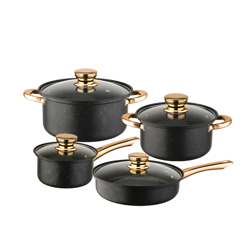 Ceramic Stone Cookware Set Wholesale 8PCS Non-Stick Frying Pans with Golden Handles