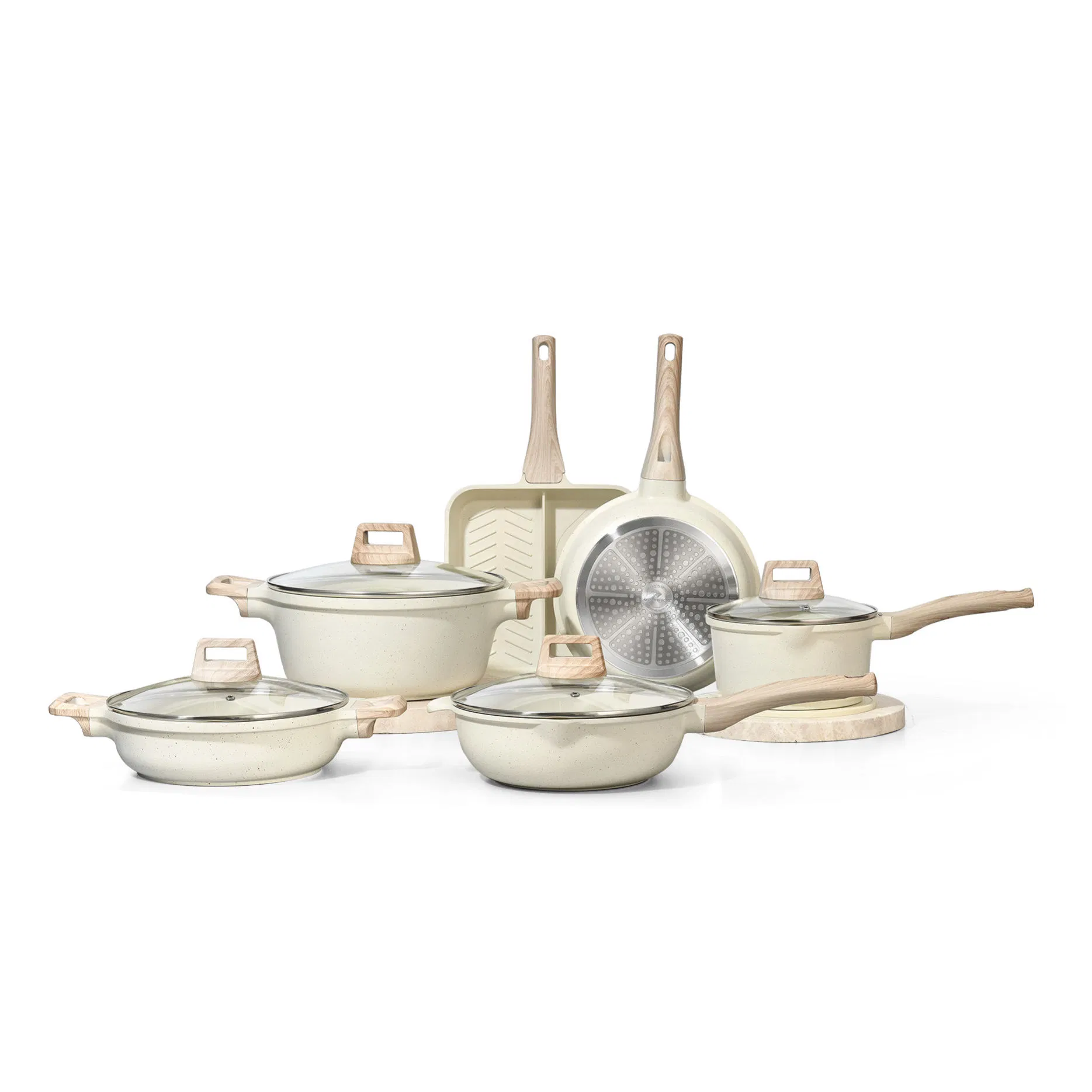 Ceramic White Marble Non-Stick Classic Design Kitchen Ware Casserole Cooking Cookware Set