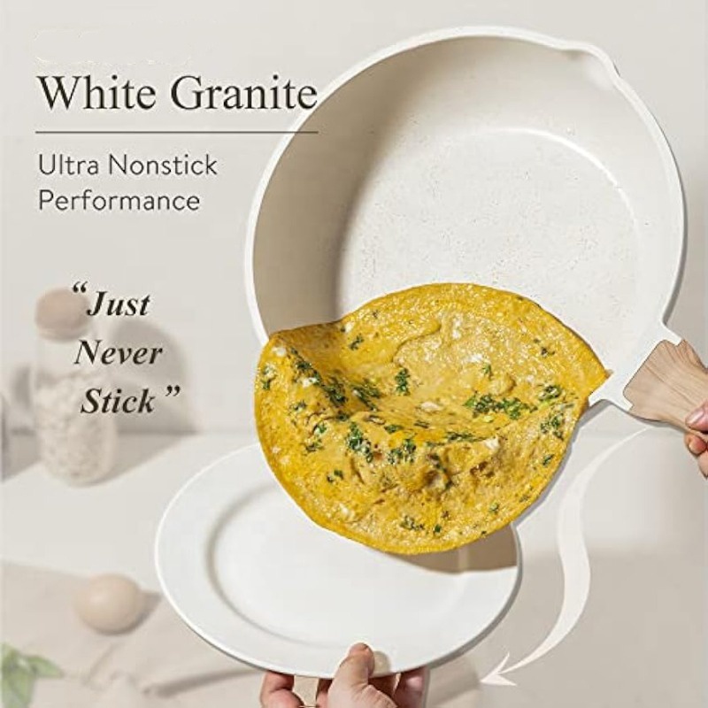 Modern White Granite Nonstick Induction Cookware Set 17 Piece Aluminum with Glass Cover Wood Handle Ceramic Coating Oven Safe