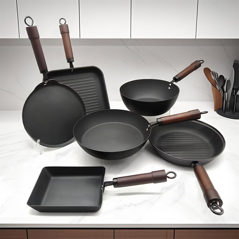 Commercial Grade Preseason Carbon Steel Cookware Set - 6 Professional Carbon Steel Wok Pans for Restaurants &amp; Home Use