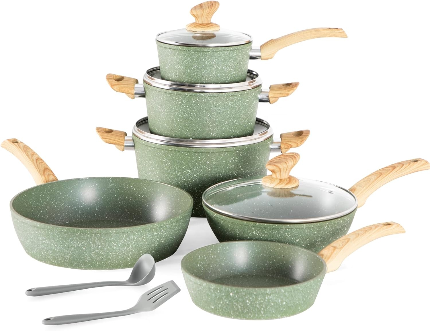 Green 12pcs Multifunctional Cooking Pan Set Forged Milk Pan Casserole Kitchenware Cookware Set With Bakelite Handle Cooking Set