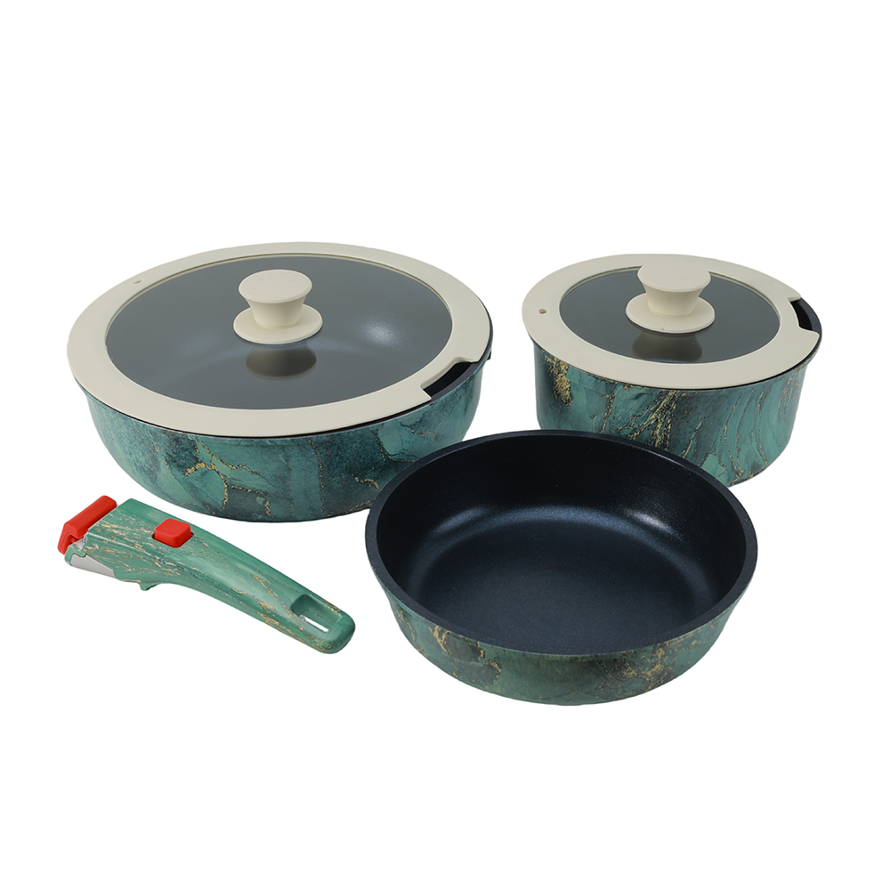 Professional 6Pcs Non-stick Malachite Green Removable Handle Induction Kitchen Custom Logo Carbon Steel Cookware Set
