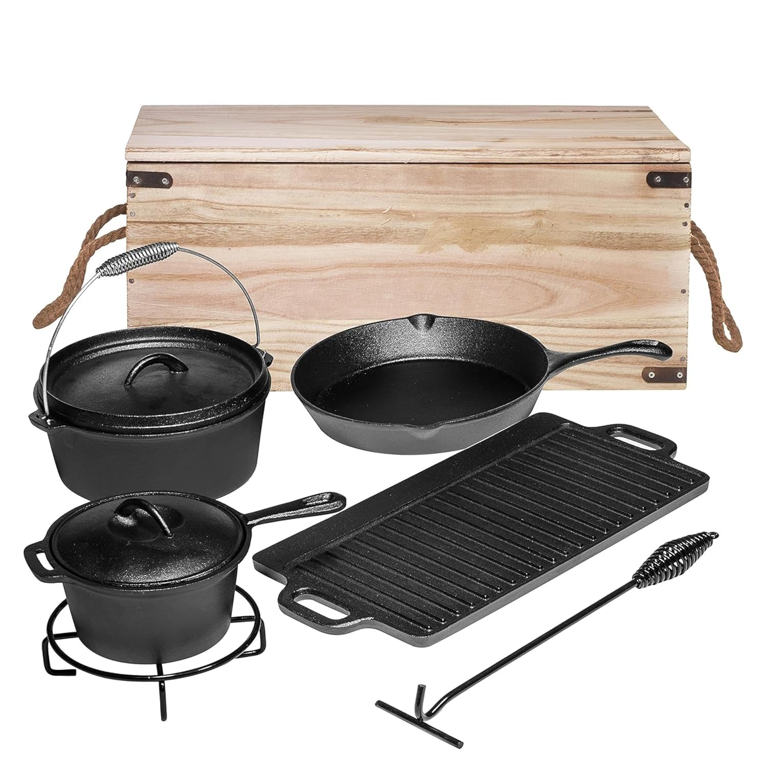 Camping Cookware Set Pre-Seasoned Cast Iron Pots and Pans Dutch Oven Set with Lids for Outdoor Comefire with Storage Box