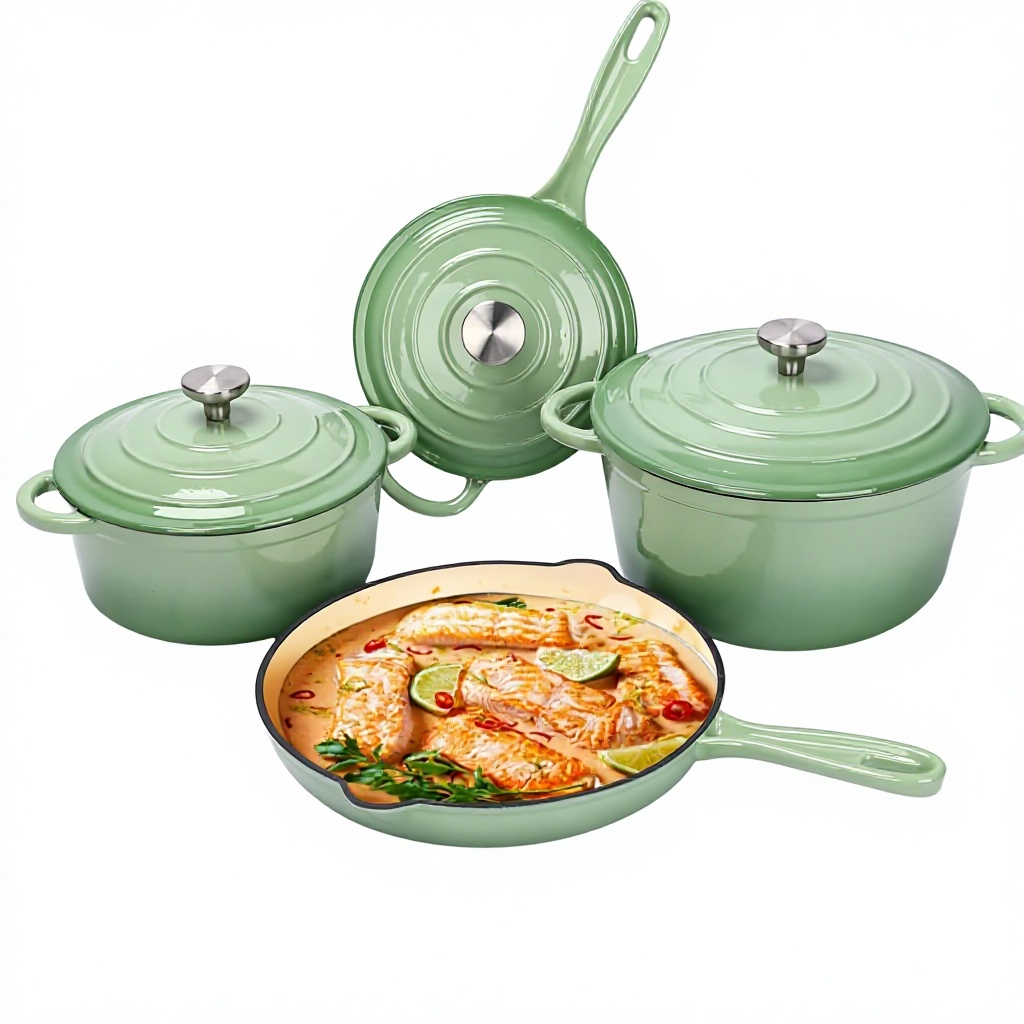 Modern Enameled Cast Iron 7-Piece Cookware Set With Dutch Oven Skillet 3 Lids-Non-Stick Ceramic Coated Durable