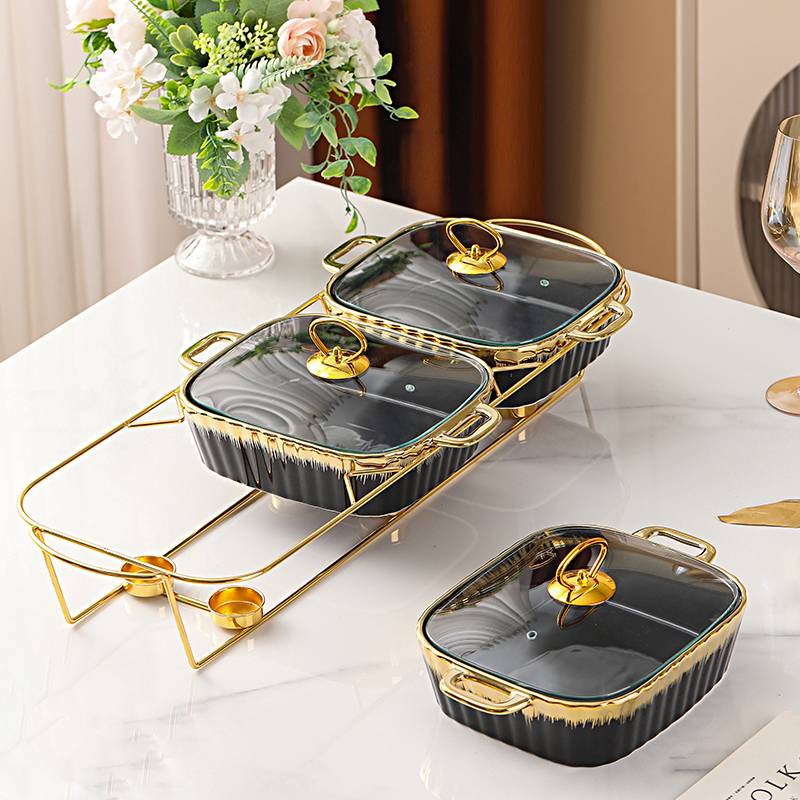 3pcs Set Rectangular Ceramic Soup Stock Pot with Glass Lid and Golden Rack Non-Stick Coating Tableware for Candle Fire Heating