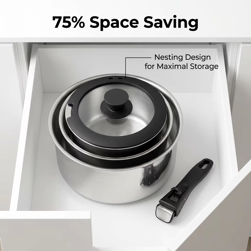 Custom Logo 18/10 Stainless Steel Cookware Set Detachable Handle Nesting Stackable Space Saving Pots Pans Induction Wholesale