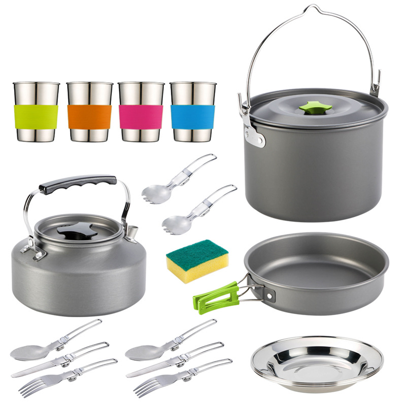 Hot Sale Travel Accessories Kettle Big Pot Non-Stick Pan Folding Cutlery Water Cup Camping Hard Anodized Aluminum Cookware Set