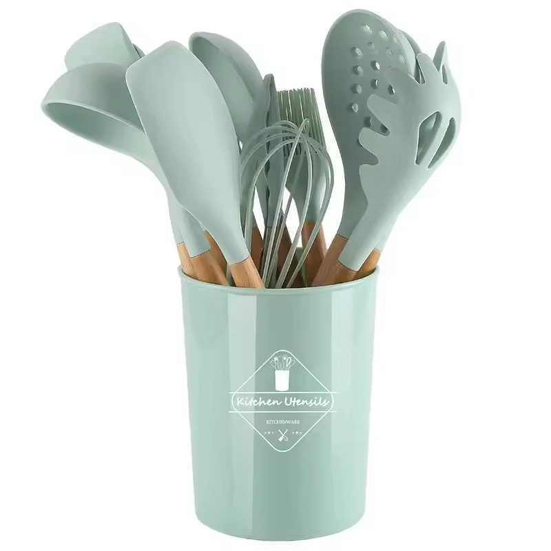 12 Pieces Silicone Kitchen Accessories Cooking Cookware Set Kitchenware Silicone Kitchen Utensils with Wooden Handles