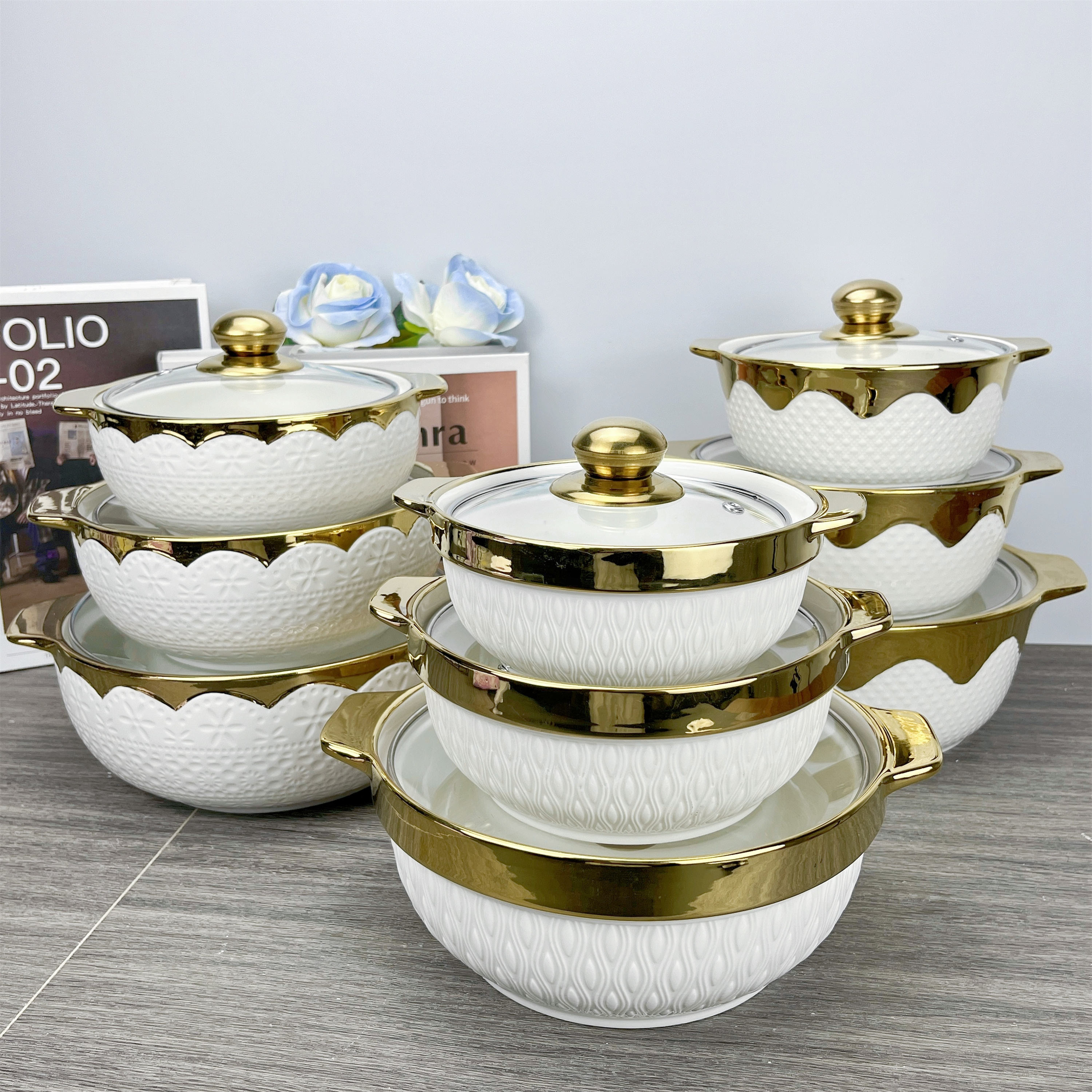 Light Luxury Cover Stock Pot Set Modern Design Ceramic Mixing Bowl Set Multifunctional Porcelain Soup Pot Set With Glass Lid
