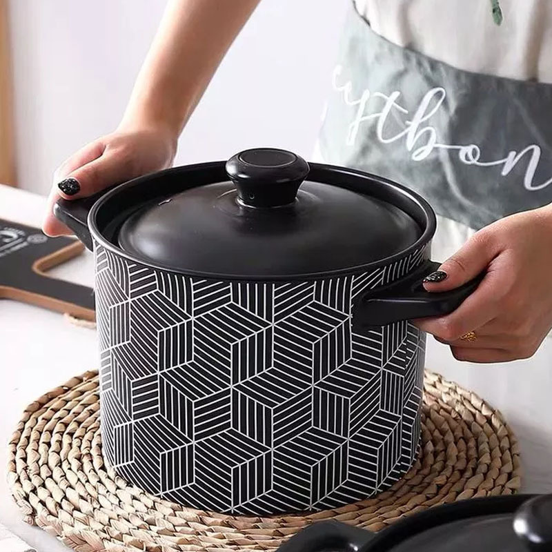 Black &amp; White Geometric Pattern Ceramic Cooking Pot Set, Lidded Stockpot &amp; Saucepan, Household Non-Stick Enamel Pot