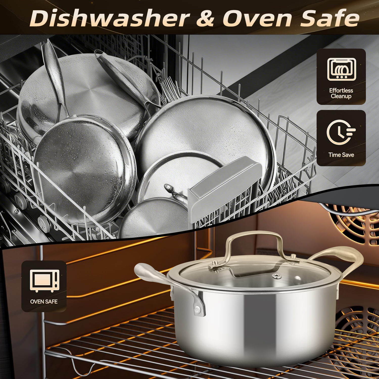 11pcs Non Toxic No Coating Induction Tri-Ply 18/8 304 Stainless Steel Cookware Set Pots and Pans Set Dishwasher Oven Safe