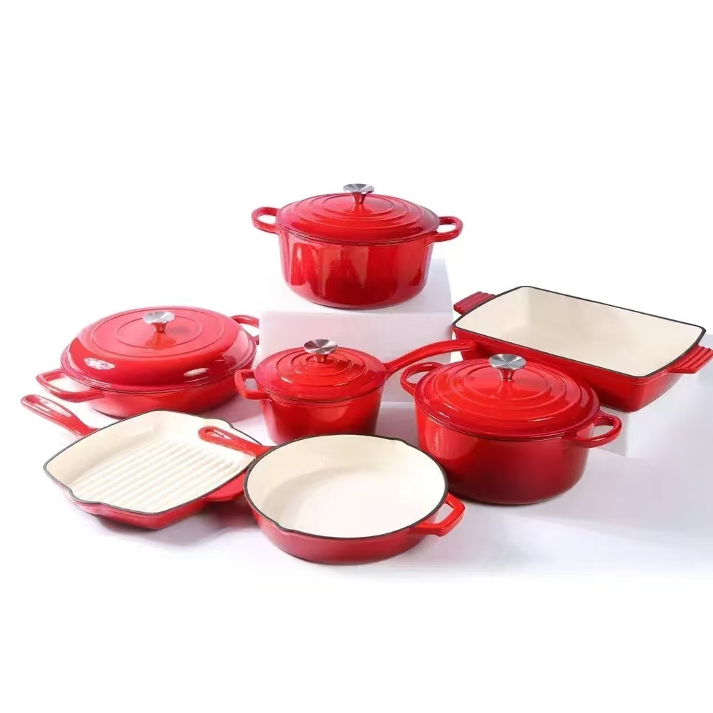 7pcs Modern Enamel Cast Iron Cookware Set Multi-Layer Base Multi-Function Non-Stick Frying Pan and Stew Pot for Home Kitchen Use