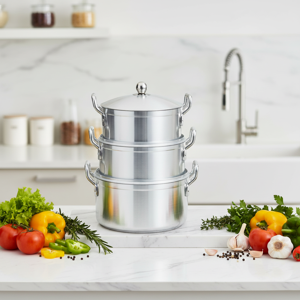 Africa Hot Selling Classic 3/4 Layer Stackable Aluminum Pot Set-Heavy Duty Sanded Aluminum Soup &amp; Stock Pots with Gas Stove Lid