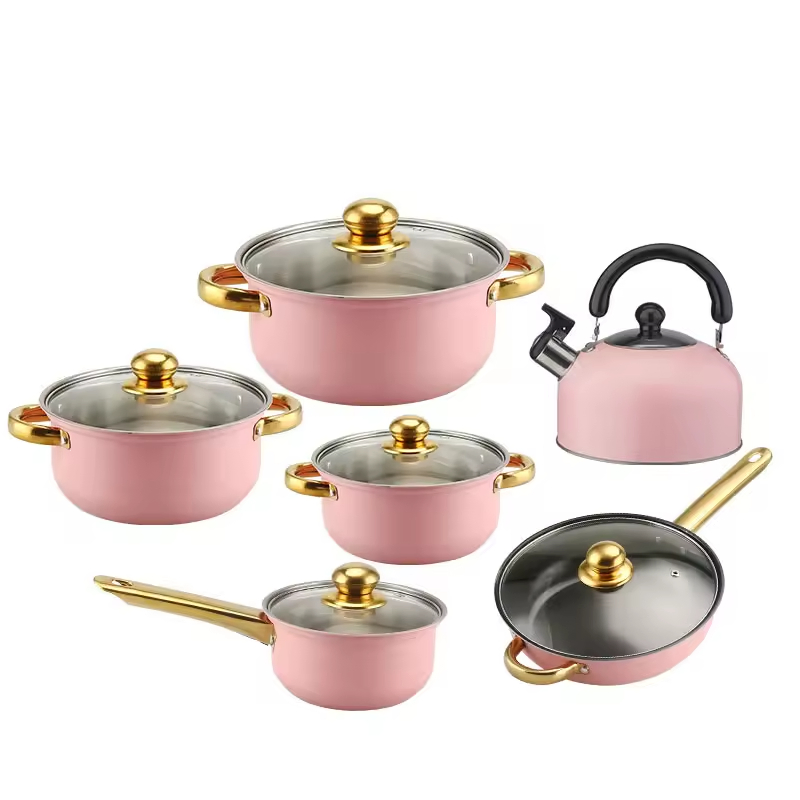 12 PCS Stainless Steel Cooking Pans Set Fast Shipment Non-Stick Kitchen Cookware Soup Stock Pots and Frying Pan