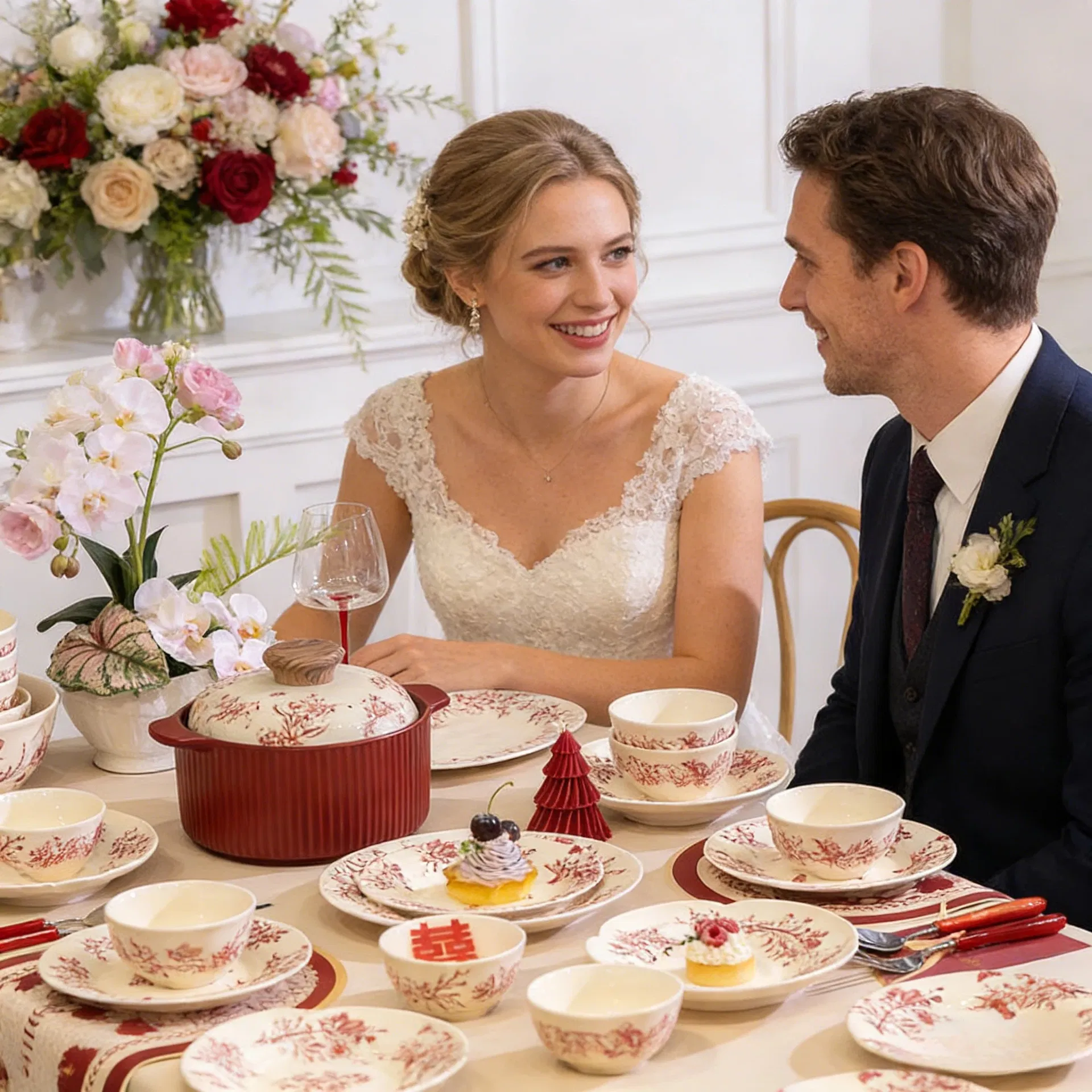 Wedding Ceramic Plate Set in Red, Including 10-Inch Flat Soup Bowl and Casserole Dish, with Soup Spoon - Complete Red Ceramic Set