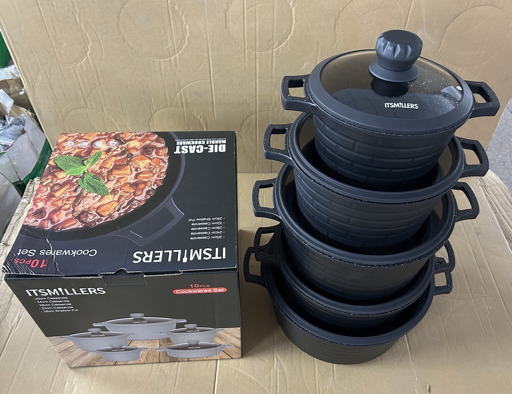 10 Piece Set Full Die Cast Pots and Pans Non Stick Granite Coating Brick Design Casserole Shallow Pot Professional Chef