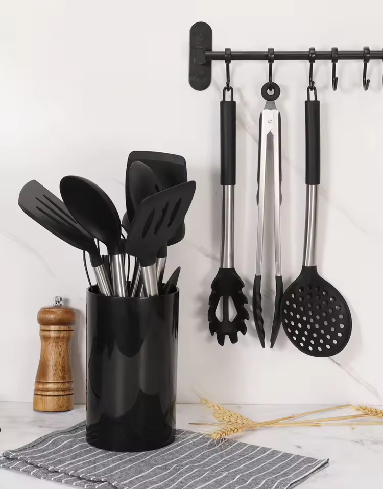 15 PCS Heat Resistant Non-Stick Kitchen Tool Cookware Silicone Cooking Utensils Sets with Stainless Steel Handle