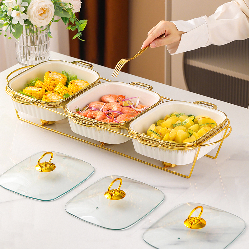 3pcs Set Rectangular Ceramic Soup Stock Pot with Glass Lid and Golden Rack Non-Stick Coating Tableware for Candle Fire Heating