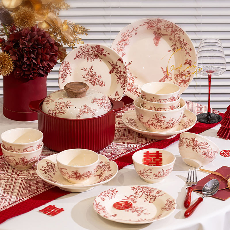 Wedding Ceramic Plate Set in Red, Including 10-Inch Flat Soup Bowl and Casserole Dish, with Soup Spoon - Complete Red Ceramic Set