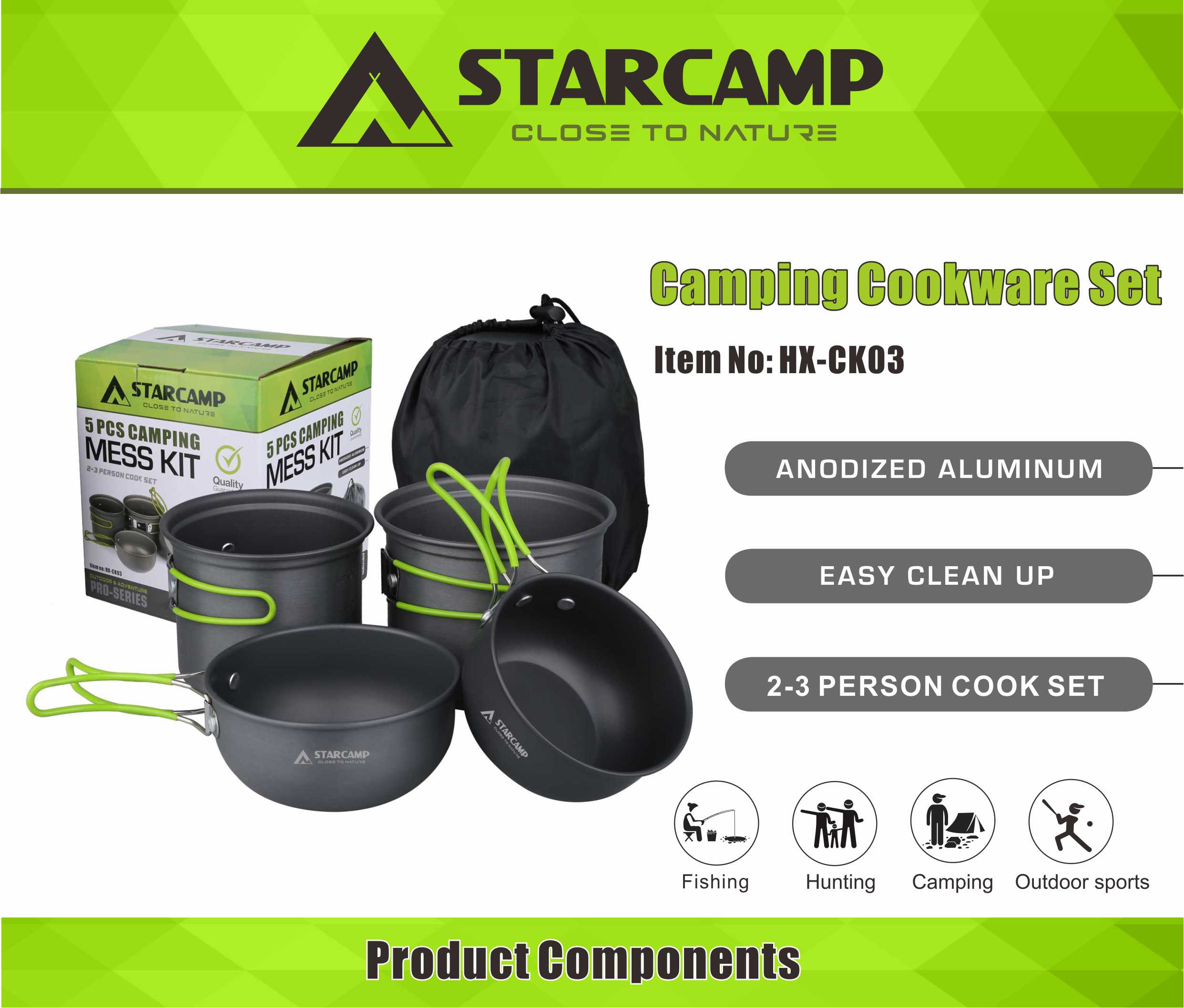 STARCAMP 2-3 Person 5 in 1 Aluminium Outdoor Picnic Camping Cookware Mess Kit Camping Cooking Set Pot Pan Kit