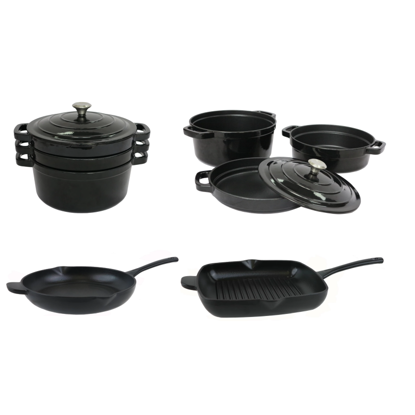 Custom Logo Multi-Function Stackable Cast Iron Cookware Set Durable Dutch Oven Pot,Fry Pan,Grill Pan for Home Kitchen, Non-stick
