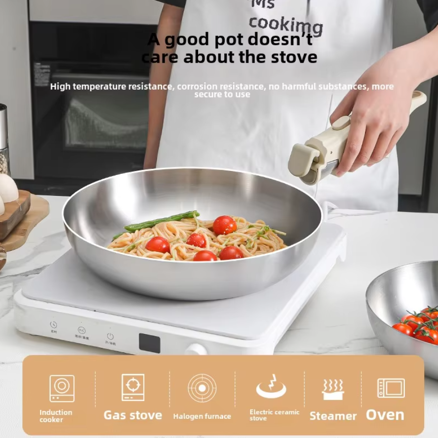 304 Stainless Steel Classic Electromagnetic Gas Full Set Cookware Non-Stick Household Kitchenware Detachable Handle Frying Pan