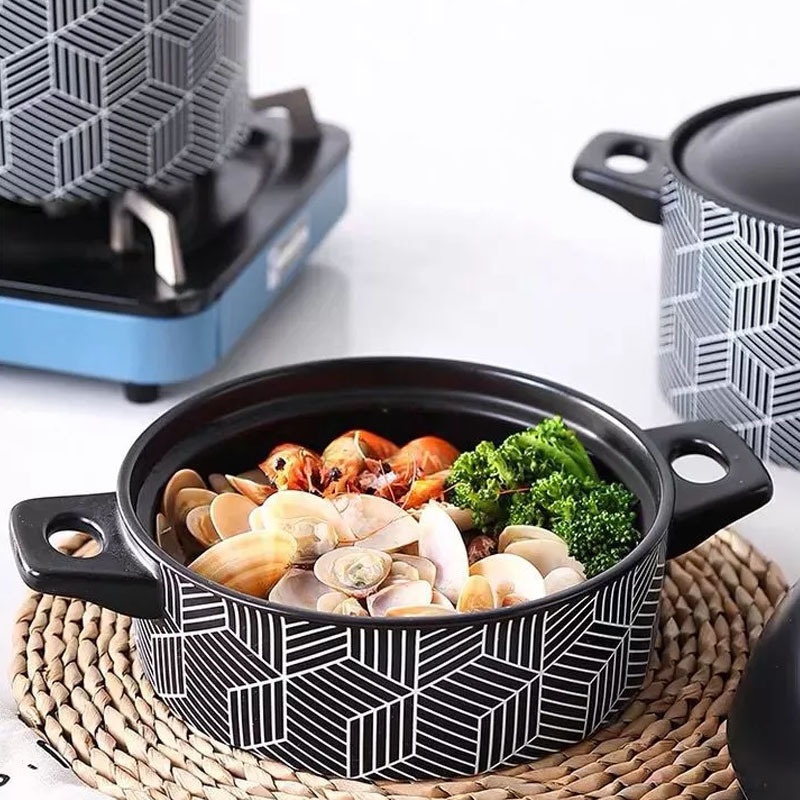 Black &amp; White Geometric Pattern Ceramic Cooking Pot Set, Lidded Stockpot &amp; Saucepan, Household Non-Stick Enamel Pot